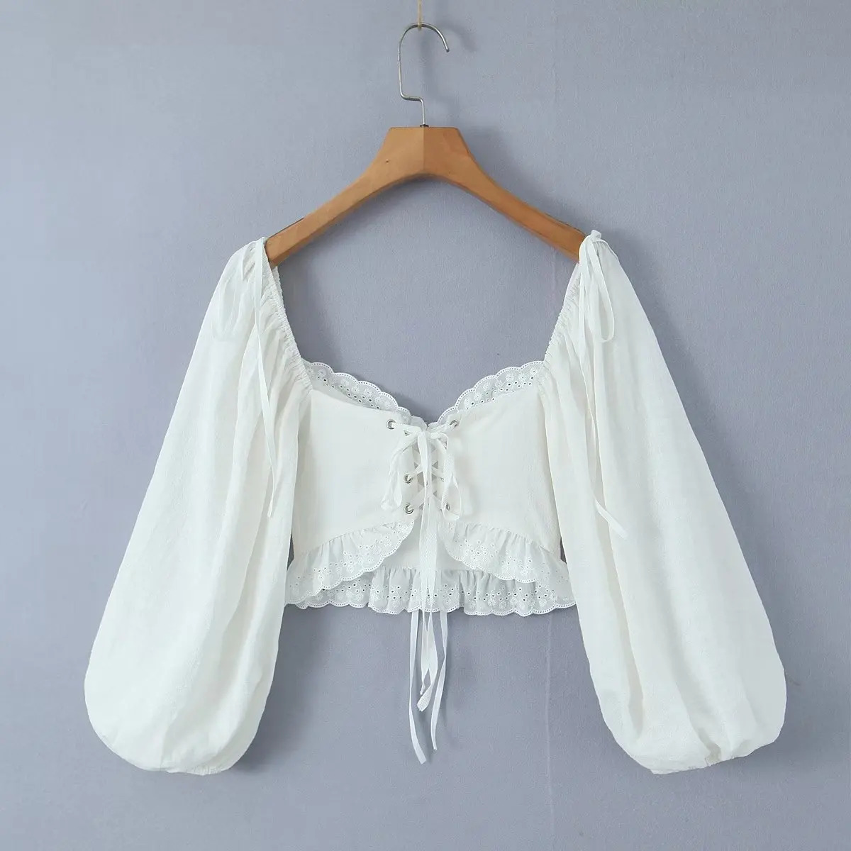 Y2K Summer Lantern Sleeve White Crop Top - Elegant Back Lace Up Blouse, Casual Streetwear, Retro 90s Fashion