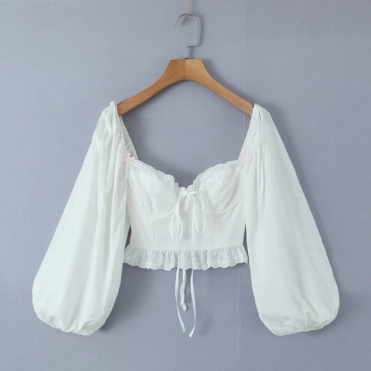 Y2K Summer Lantern Sleeve White Crop Top - Elegant Back Lace Up Blouse, Casual Streetwear, Retro 90s Fashion