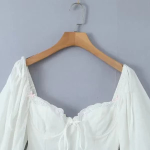 Y2K Summer Lantern Sleeve White Crop Top - Elegant Back Lace Up Blouse, Casual Streetwear, Retro 90s Fashion