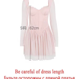 Y2K Summer Mesh Long Sleeve Corset Dress - Pink A-Line Vacation Party Dress, Elegant Lace Patchwork, Retro 90s Fashion