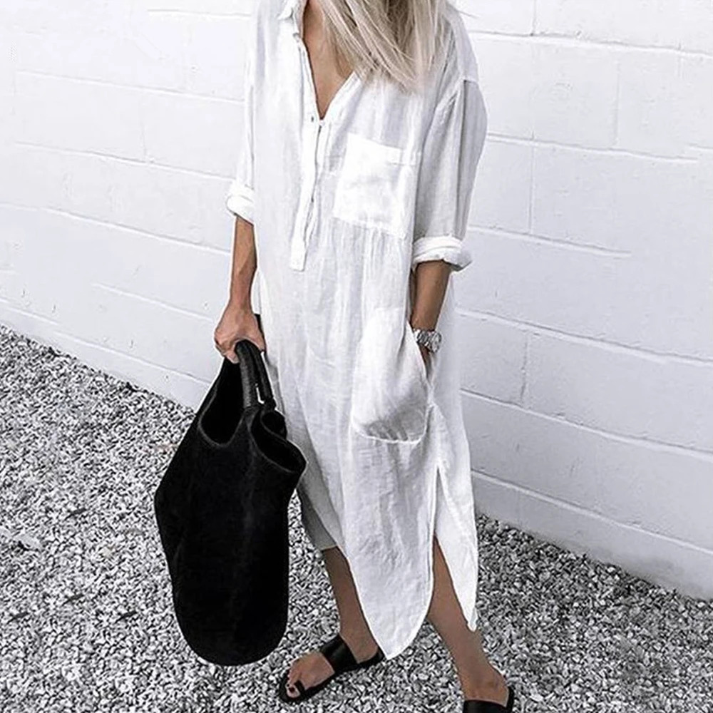 Y2K Summer Mid-Length Shirt Dress - Cotton Linen, Pockets, Lapel Neck, Button A-Line, Solid Streetwear