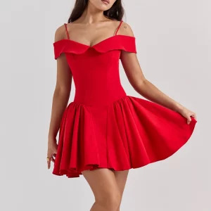 Y2K Summer Off-Shoulder Mini Dress - Vintage A-Line Corset, Sexy Red Casual Party Outfit