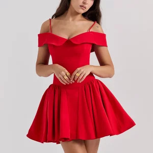 Y2K Summer Off-Shoulder Mini Dress - Vintage A-Line Corset, Sexy Red Casual Party Outfit