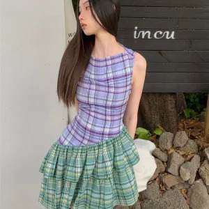 Y2K Summer Plaid Patchwork Mini Dress - Vintage Aesthetic Sleeveless Frocks