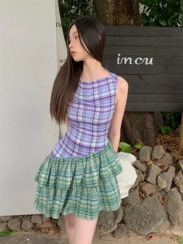 Y2K Summer Plaid Patchwork Mini Dress - Vintage Aesthetic Sleeveless Frocks