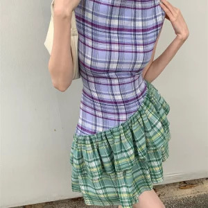 Y2K Summer Plaid Patchwork Mini Dress - Vintage Aesthetic Sleeveless Frocks