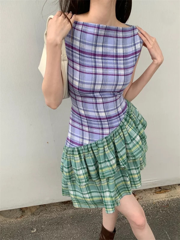 Y2K Summer Plaid Patchwork Mini Dress - Vintage Aesthetic Sleeveless Frocks