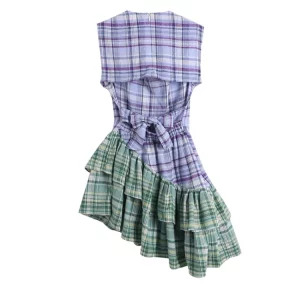 Y2K Summer Plaid Patchwork Mini Dress - Vintage Aesthetic Sleeveless Frocks