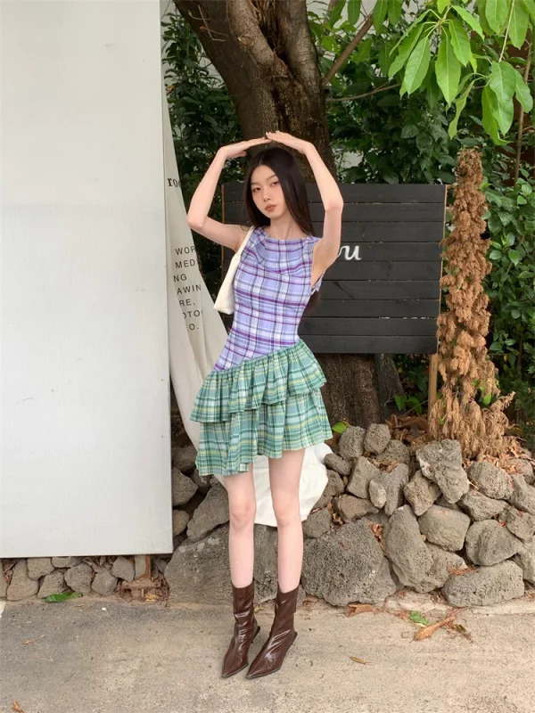 Y2K Summer Plaid Patchwork Mini Dress - Vintage Aesthetic Sleeveless Frocks