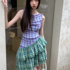 Y2K Summer Plaid Patchwork Mini Dress - Vintage Aesthetic Sleeveless Frocks