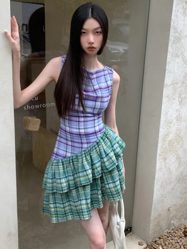 Y2K Summer Plaid Patchwork Mini Dress - Vintage Aesthetic Sleeveless Frocks