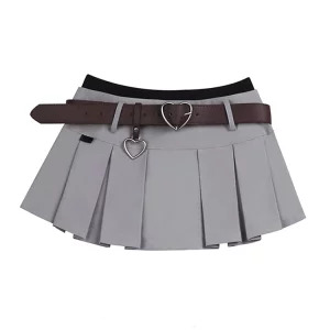 Y2K Summer Pleated Mini Skirt with Belt - Korean Preppy Streetwear