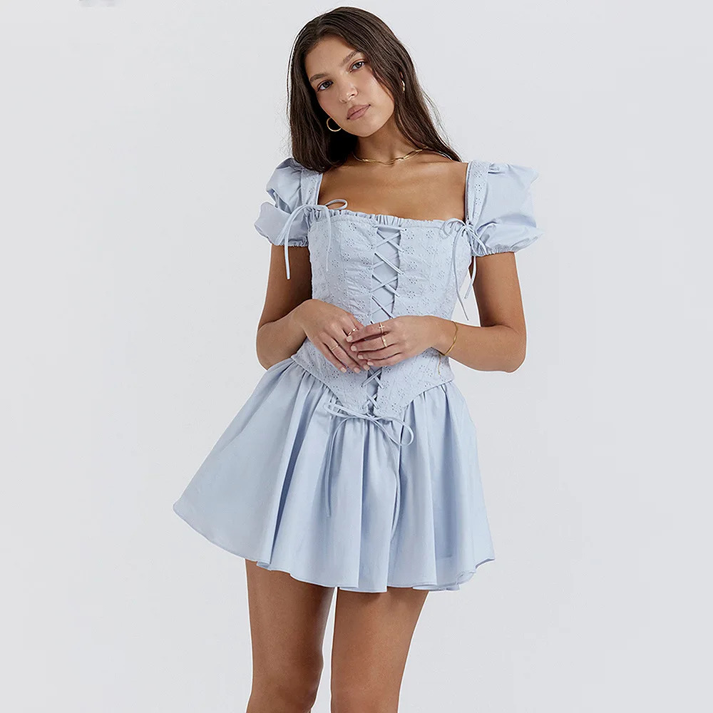 Y2K Summer Puff Sleeve Corset Dress - Elegant Blue Mini Dress for 90s Fashion, Grunge, and Party Out