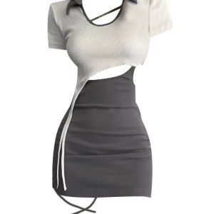 Y2K Summer Sexy Mini Bodycon Dress with Hollow Out Detail - 2000s Aesthetic Contrast Color Frocks