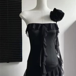 Y2K Summer Sleeveless Ruffled Chiffon Mini Dress - Vintage Black Party Club Outfit