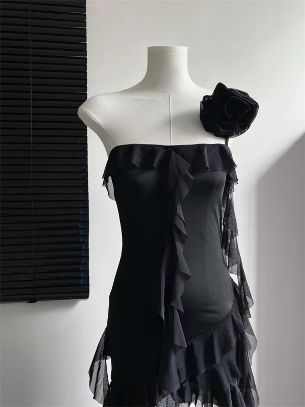 Y2K Summer Sleeveless Ruffled Chiffon Mini Dress - Vintage Black Party Club Outfit