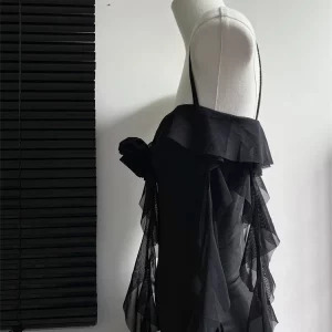 Y2K Summer Sleeveless Ruffled Chiffon Mini Dress - Vintage Black Party Club Outfit