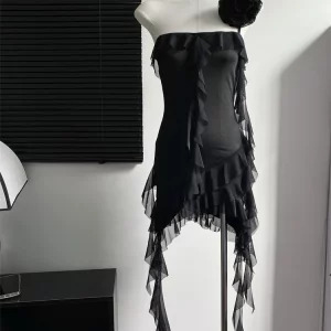 Y2K Summer Sleeveless Ruffled Chiffon Mini Dress - Vintage Black Party Club Outfit