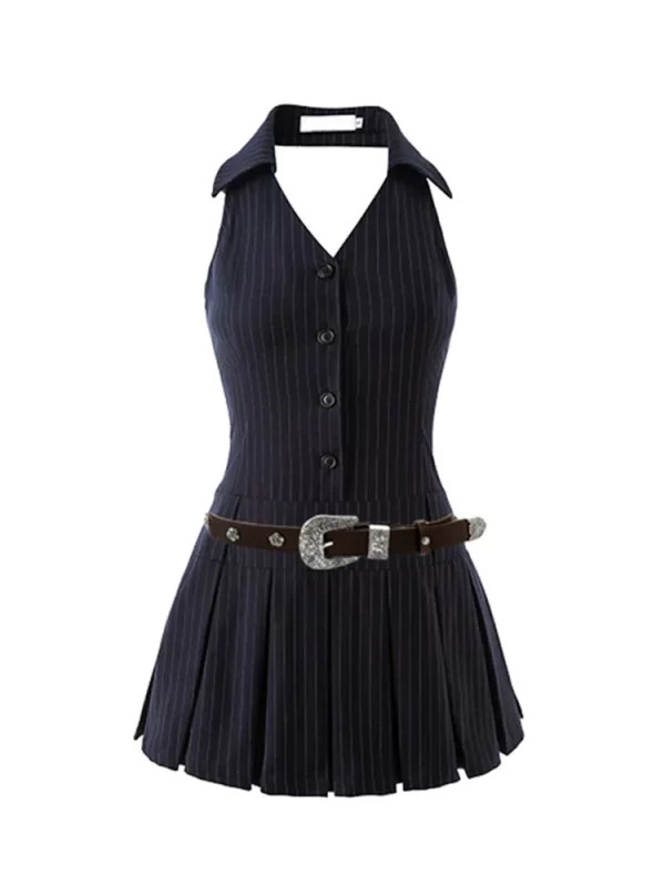 Y2K Summer Striped Mini Halter Dress with Belt - Backless Pleated Frocks for Women