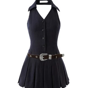 Y2K Summer Striped Mini Halter Dress with Belt - Backless Pleated Frocks for Women