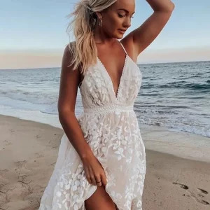 Y2K Summer Sundress - White Floral Embroidery Mesh Lace Backless Beach Dress - 90s Fashion New Arrival