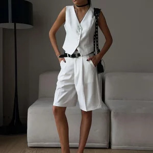 Y2K Summer Two-Piece Set: V-Neck Vest & Wide Leg Shorts - Retro 90s Fashion, Grunge, Pastel Goth