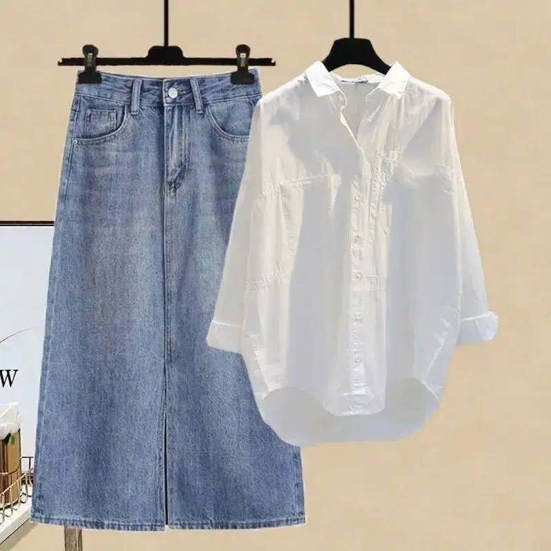 Y2K Summer Two-Piece Skirt Set: Long Sleeve Blouse & A-Line Denim Skirt - Retro 90s Fashion