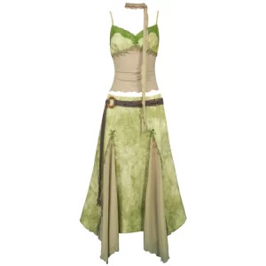 Y2K Summer Vintage Boho Outfit Set: Patchwork Halter Top + Fairy Midi Skirt