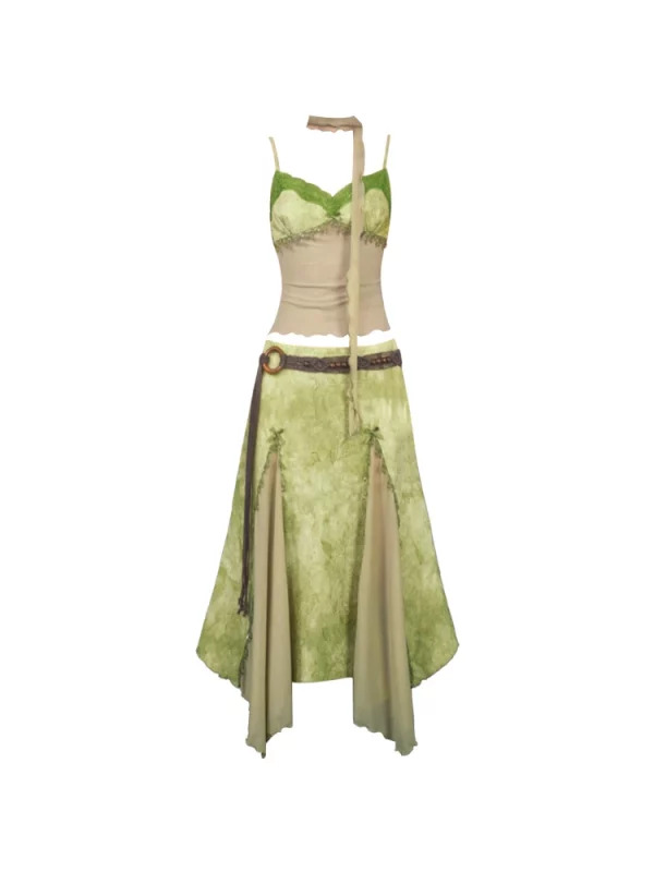 Y2K Summer Vintage Boho Outfit Set: Patchwork Halter Top + Fairy Midi Skirt