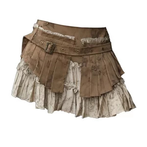 Y2K Summer Vintage Dark Academia Patchwork Mini Pleated Skirt - Gyaru Coquette Harajuku Aesthetic