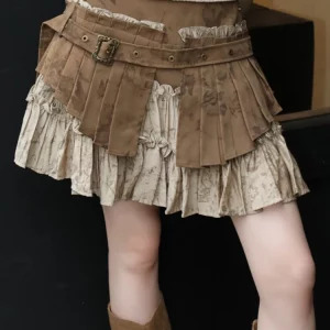 Y2K Summer Vintage Dark Academia Patchwork Mini Pleated Skirt - Gyaru Coquette Harajuku Aesthetic