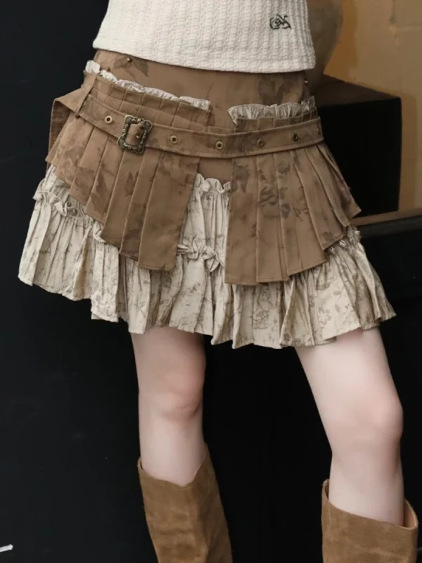 Y2K Summer Vintage Dark Academia Patchwork Mini Pleated Skirt - Gyaru Coquette Harajuku Aesthetic