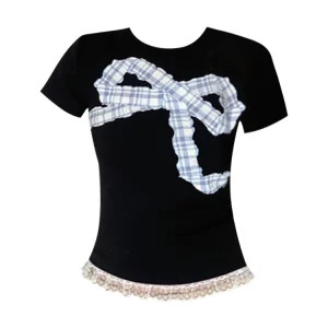 Y2K Summer Vintage Lace Patchwork Crop Top - Women's Ballet O-Neck Tee