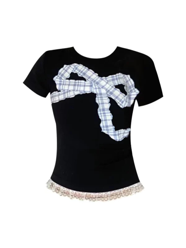 Y2K Summer Vintage Lace Patchwork Crop Top - Women's Ballet O-Neck Tee