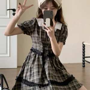 Y2K Summer Vintage Plaid Dress - French Mori Girl Style