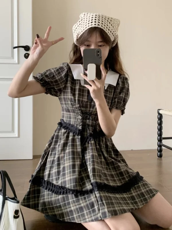 Y2K Summer Vintage Plaid Dress - French Mori Girl Style