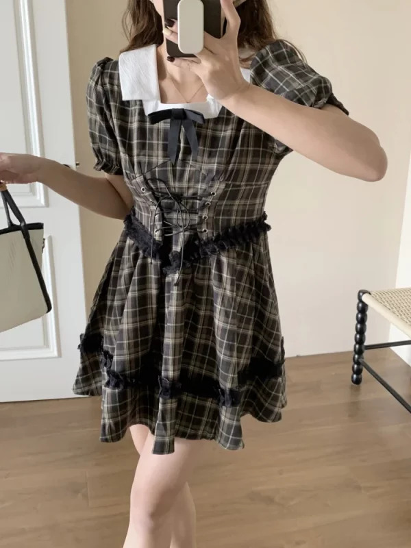 Y2K Summer Vintage Plaid Dress - French Mori Girl Style