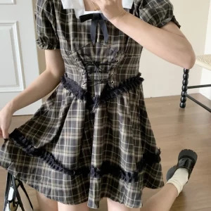 Y2K Summer Vintage Plaid Dress - French Mori Girl Style