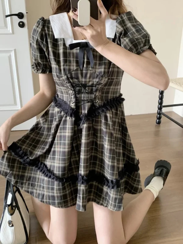 Y2K Summer Vintage Plaid Dress - French Mori Girl Style