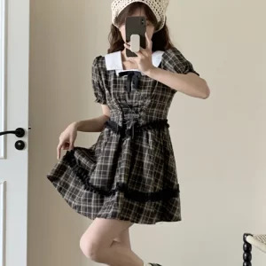 Y2K Summer Vintage Plaid Dress - French Mori Girl Style