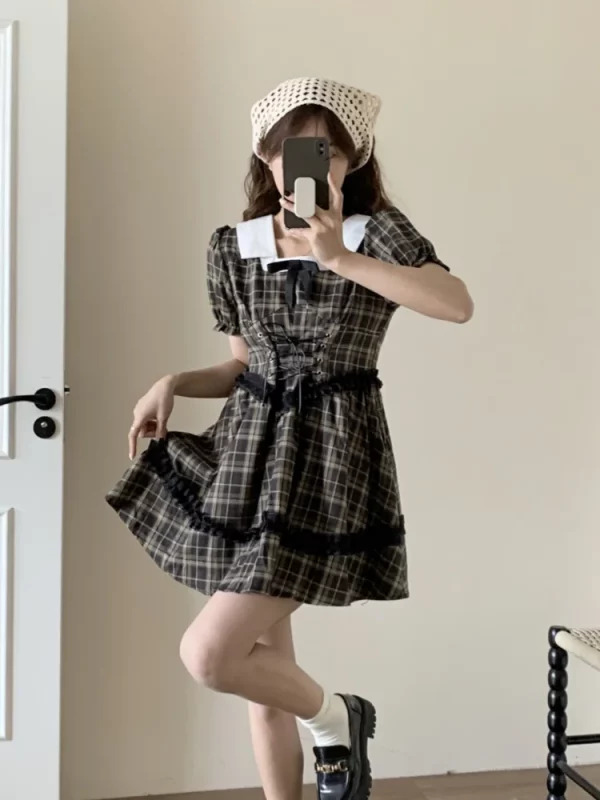 Y2K Summer Vintage Plaid Dress - French Mori Girl Style