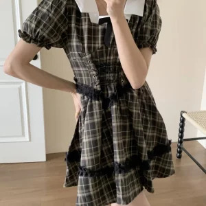 Y2K Summer Vintage Plaid Dress - French Mori Girl Style