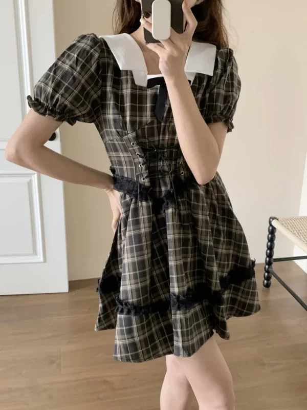 Y2K Summer Vintage Plaid Dress - French Mori Girl Style