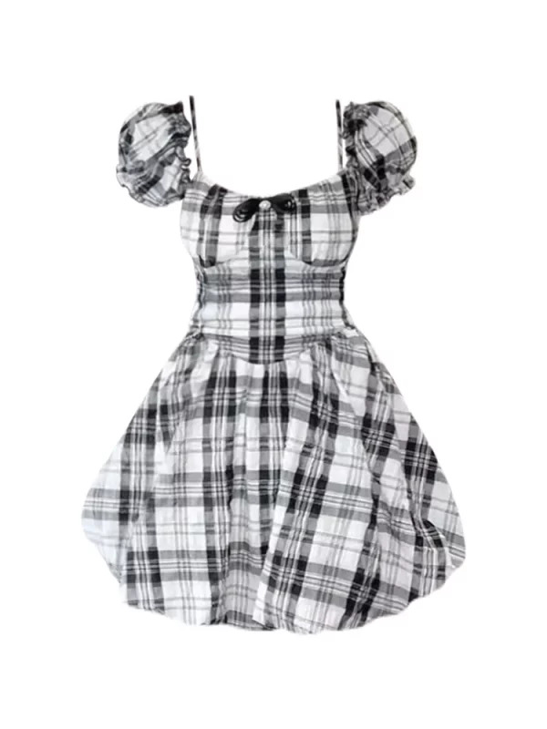 Y2K Summer Vintage Plaid Mini Dress - Sexy Aesthetic Square Collar A-line Frocks