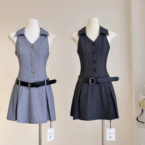 Y2K Summer Vintage Striped Mini Dress - French Style Retro Party Evening Office Wear