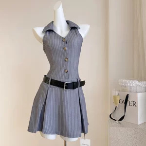 Y2K Summer Vintage Striped Mini Dress - French Style Retro Party Evening Office Wear