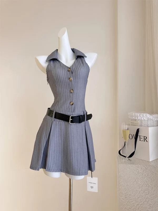 Y2K Summer Vintage Striped Mini Dress - French Style Retro Party Evening Office Wear