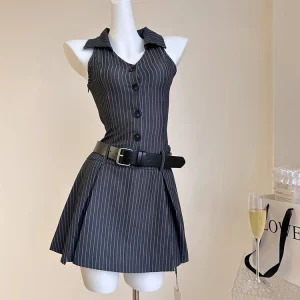 Y2K Summer Vintage Striped Mini Dress - French Style Retro Party Evening Office Wear