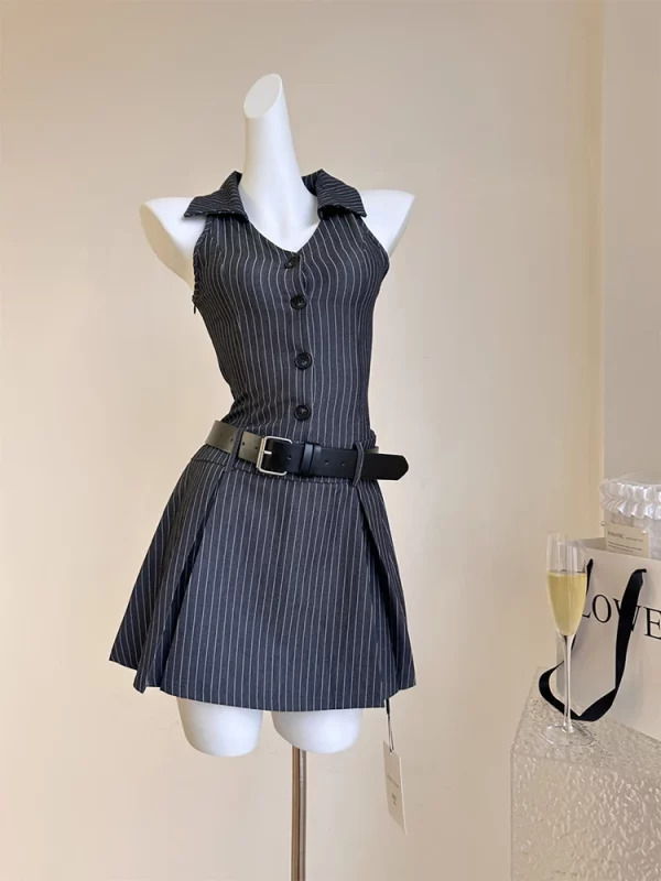 Y2K Summer Vintage Striped Mini Dress - French Style Retro Party Evening Office Wear