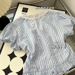 Y2K Summer Vintage Striped Shirt - French Mori Girl Aesthetic Crop Top